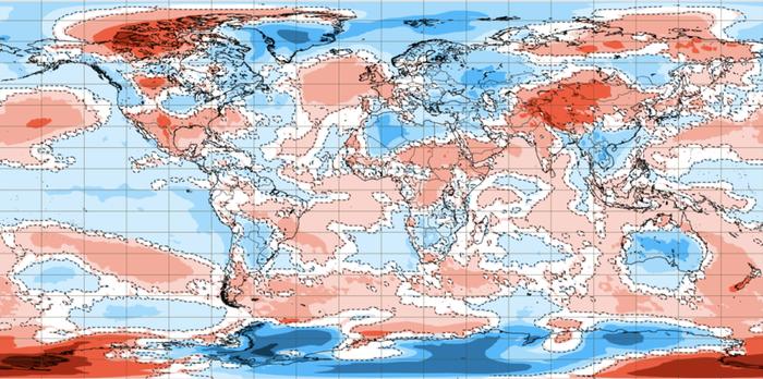 Lämpötilapoikkeamat Euroopan keskipitkien sääennusteiden keskuksen kuukausiennusteessa näkyy toukokuun 2. päivä alkaneella viikolla kylmä poikkeama lämpötiloissa laajalti Etelä-Amerikan rannikon länsipuolella johtuen vallitsevasta La Niña -ilmiöstä.