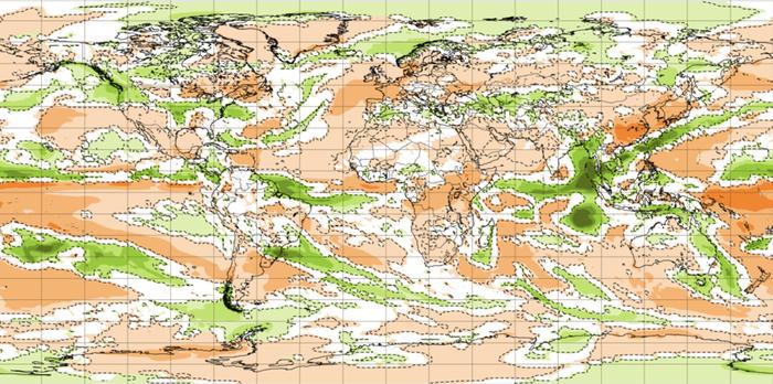Sateisuuspoikkeama Euroopan keskipitkien sääennusteiden keskuksen kuukausiennusteessa näkyy toukokuun 2. päivä alkaneella viikolla sademäärissä La Niña -ilmiön aiheuttama voimakas kuiva poikkeama (ruskea väri) Perun länsipuolella Tyynellä valtamerellä.