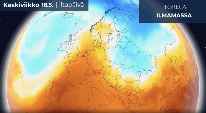 Läntiseen Eurooppaan leviää korkeapaineen mukana hyvin lämmintä ilmamassaa. Läntisellä Välimerellä lämpötila voi kohota 16. toukokuuta alkavalla viikolla jopa lähelle 40 astetta.