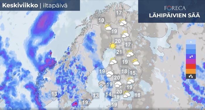 Keskiviikkona Suomea lähestyy lännestä matalapaine sateineen. Maan länsiosassa sää viilenee ja vähän voi sadella vettä. Idässä ja pohjoisessa pilvisyys lisääntyy, mutta vielä on poutaista. Aurinkoisimmilla alueilla lämpötila kohoaa yhä kesäisiin, 20 asteen lukemiin.