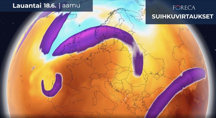 Suomi kuuluu lähiaikoina yläilmakehän suihkuvirtauksen koleammalle puolelle. Kesäkuun puolivälin jälkeen Välimereltä virtaa suihkuvirtauksen eteläpuolella erittäin kuumaa ilmaa kohti Keski-Eurooppaa, mutta Suomeen lämpö ei pääse. Joskus samankaltainen säätilanne voi jatkua jopa kuukausitolkulla, jos suihkuvirtaukset 