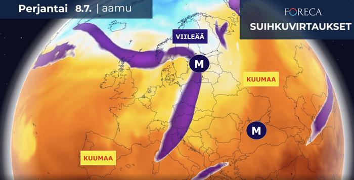Vikon puolivälin jälkeen Suomi tipahtaa Jäämereltä kurottavan viileän ilmamassan piiriin. Heti Suomen itäpuolella vaeltaa kuitenkin helteistä ilmaa kohti pohjoista.