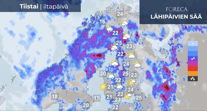 Tiistaina iltapäivällä voimakkaimmat sade- ja ukkoskuurot painottuvat maan länsi- ja pohjoisosaan. Erityisesti Pohjanmaan maakunnissa ja Lapissa voi esiintyä voimakkaita ukkospuuskia.