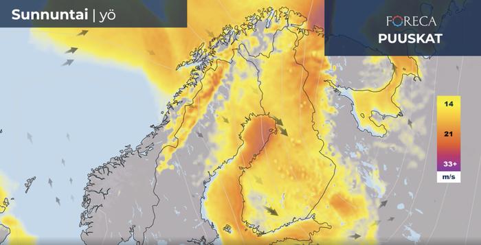 Sunnuntaiyönä kovia (yli 14 m/s) tuulenpuuskia tavataan laajalti sisämaassa maan keski- ja pohjoisosassa. Pohjanmaan rannikolla ja merialueilla puuskat yltyvät myrskylukemiin (yli 21 m/s). Paikoin myös sisämaassa yksittäset puuskahuiput yltävät myrskylukemiin.