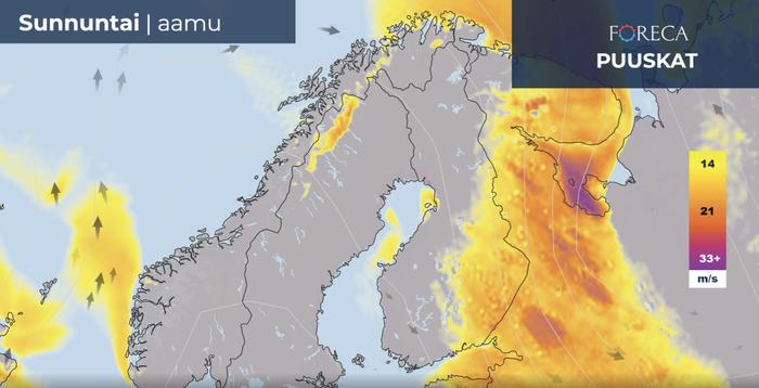 Sunnuntaina aamulla tuulet rauhoittuvat maan länsiosassa, mutta idässä on vielä voimakkaita tuulenpuuskia, monin paikoin yli 14 m/s ja paikoin lähellä 21 m/s.