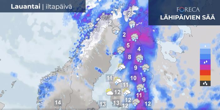 Lauantaina iltapäivällä suurin osa Suomesta kuuluu leudon ilmamassan piiriin ja sateet ovat vettä Lappia lukuunottamatta.