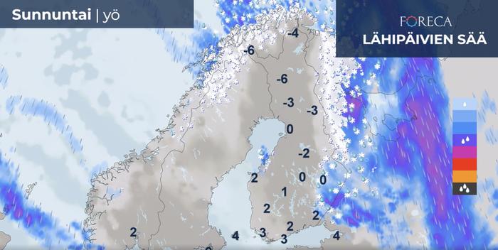 Sunnuntaiyön aikana sää kylmenee voimakkaasti, ja sateet muuttuvat maan itäosassa lumeksi tai rännäksi. Aamulla ajokeli voikin olla liukas erityisesti Savon ja Karjalan maakunnissa.