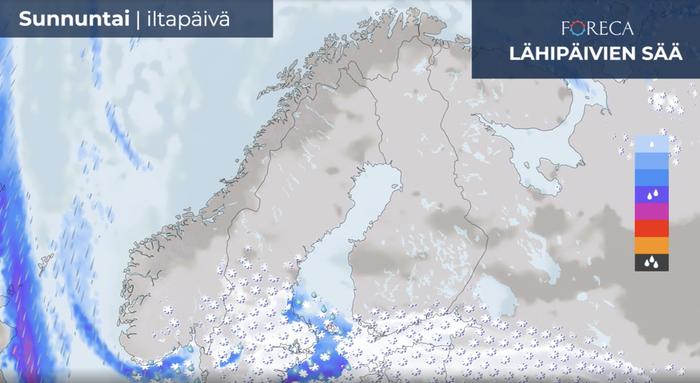 Sunnuntain aikana lunta voi sataa sakeasti etelärannikon tuntumassa. Ajokeli on huono tai erittäin huono eteläisimmässä Suomessa.
