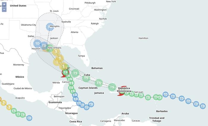 Marco- ja Laura -hirmumyrskyjen reittiennuste 23.8.2020.
