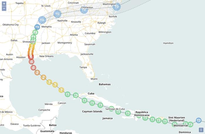 Laura-hurrikaanin elinkaari ja ennustettu reitti