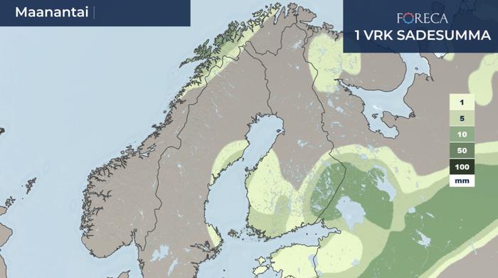 Sadesummaennuste maanantaille 31.8.