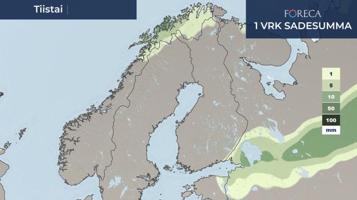 Sadesummaennuste tiistaille 1.9.