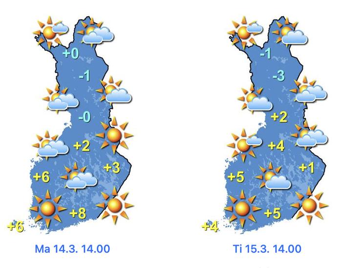 Sääennuste maanantaille ja tiistaille 14.–15.3.2022 Sääennuste maanantaille ja tiistaille 14.–15.3.2022.