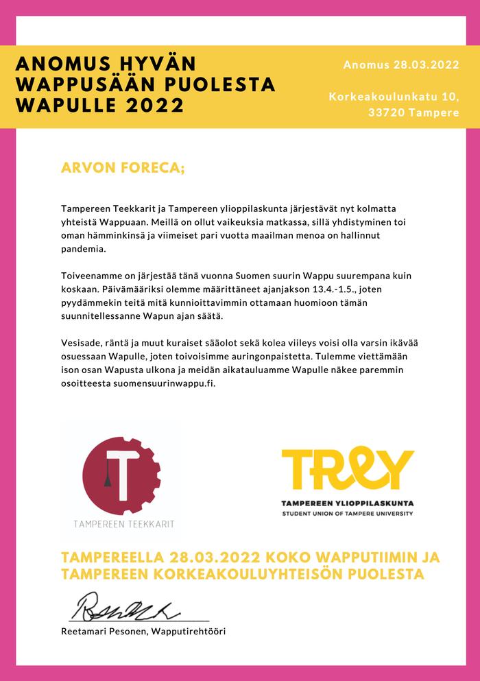 Anomus hyvän Wappusään puolesta Wapulle 2022 Anomus hyvän Wappusään puolesta Wapulle 2022.