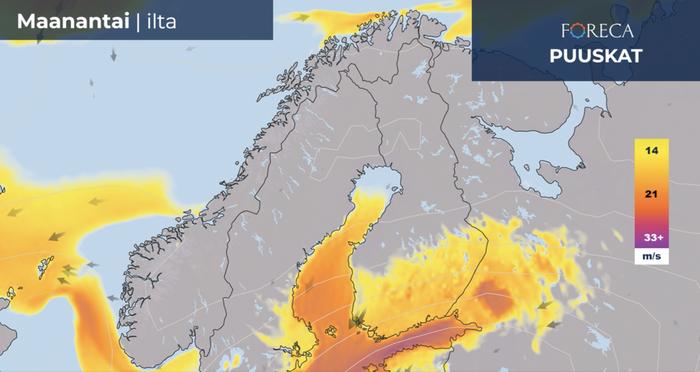 Voimakkaimmillaan tuuli on tänään illalla, jolloin maan etelä- ja keskiosassa esiintyy laajalti kovia tuulenpuuskia (yli 14 m/s). Etelärannikon tuntumassa voi esiintyä myrskypuuskia (yli 21 m/s). Tuuli lisää pakkasen purevuutta merkittävästi, jopa yli 10 asteella.