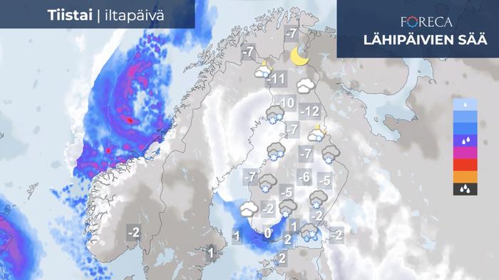 Tiistaiyön ja -aamun aikana Etelä-Suomessa voi pyryttää runsaasti lunta, ja ajokeli muuttuu jopa erittäin huonoksi. Iltapäivällä lumisateita tulee monin paikoin muuallakin, etelärannikolla lämpötila kohoaa nollan yläpuolelle. Ajokeli on suuressa osassa maata huono.