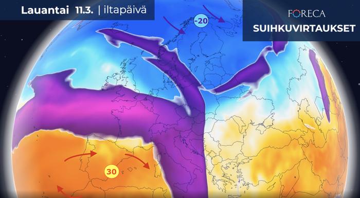 Kuluvan vuoden ensimmäinen 30 asteen ylitys näyttää mahdolliselta eteläisessä Euroopassa tulevana viikonloppuna. Samaan aikaan Euroopan pohjoiskolkassa voi olla yli 50 astetta kylmempää.