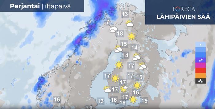 Korkeapaine vahvistuu Suomeen viikonlopuksi ja sää alkaa lämmetä. Perjantaina lämpötila voi kohota paikoin lähelle 20 astetta. Viikonlopun mittaan lämpenee lisää.