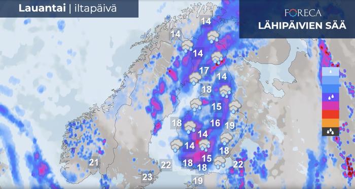 Lauantaina runsaita sateita tulee eri puolilla maata.