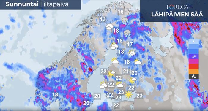 Sunnuntaina jatkuvat sateet vaihtuvat kuuroittaisiin sateisiin, ukkonenkin voi jyrähdellä.
