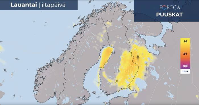 Tuulenpuuskat voivat olla kovia tai myrskyisiä maan keski- ja itäosassa. Paikallista tuulituhoa voi syntyä.