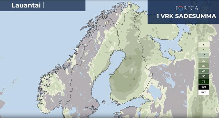 Lauantain aikana vettä voi kertyä maan keskivaiheille yli 40 millimetriä, paikoin yli 50.