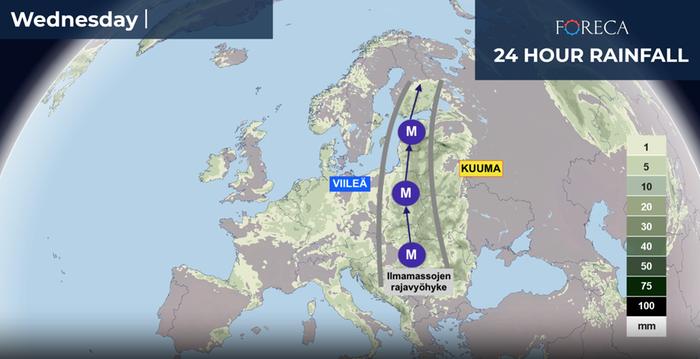 Ilmamassojen rajavyöhykkeellä sateita Tyypillinen jakauma ilmamassoissa kuluneen heinä- ja elokuun aikana: lännessä viileää, idässä lämmintä. Kuvassa keskiviikon 30.8. sadekertymät Euroopassa. Ilmamassojen rajavyöhykkeellä suihkuvirtausvyöhykkeellä on kehittynyt matalapaineita ja runsaita sateita ja ukkosiakin.
