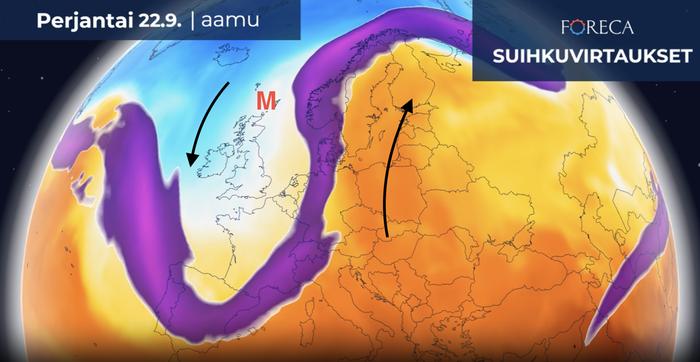 Brittensaarten ympäristössä on laaja matalapaine, jonka länsipuolella Länsi-Eurooppaan virtaa kylmää ilmaa pohjoisesta ja itäpuolella lämmintä ilmaa työntyy Suomeen asti.
