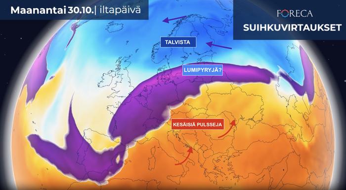 Lokakuun viimeisinä päivinä Euroopan säässä on selvä kahtiajako. Voimakas suihkuvirtaus kulkee ennusteen mukaan Iberian niemimaalta kohti Baltian maita. Virtauksen eteläpuolella on hyvin lämmintä ilmaa ja lämpötila voi paikoin kohota Balkanin niemimaalla ja muuallakin kaakkoisessa Euroopassa yli 25 asteen. Suihkuvirtauksen kohdalla kulkee matalapaineita, joiden pohjoisreunassa voi pyryttää lunta ja suihkuvirtauksen pohjoispuolella sää näyttää varsin kylmältä ja talviselta.