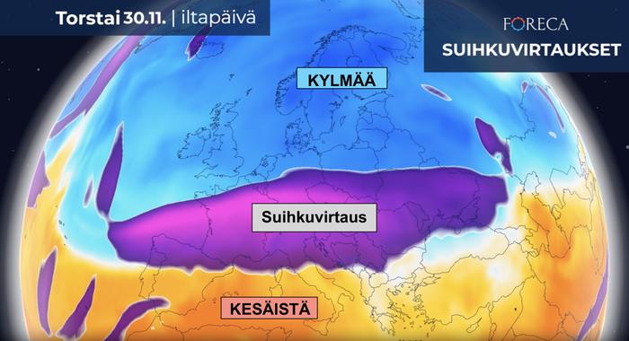 Ilmamassoja jakava suihkuvirtaus kulkee kuluvalla viikolla Etelä- ja Keski-Euroopan rajamaastossa. Suihkuvirtauksen pitäisi kulkea selvästi pohjoisempaa reittiä, jotta sää lauhtuisi Suomessa.