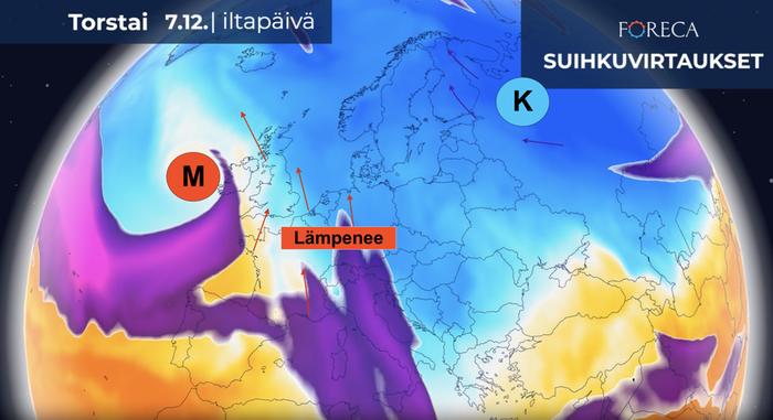 Kuluvalla viikolla sää lauhtuu voimakkaasti Länsi-Euroopassa, kun Pohjois-Atlantilla oleva suurikokoinen matalapaineen alue työntää lämpimämpää ilmaa etelästä. Idässä on kuitenkin vastassa laaja-alainen korkeapaineen alue, joka estää lauhemman ilman pääsyn Suomeen.