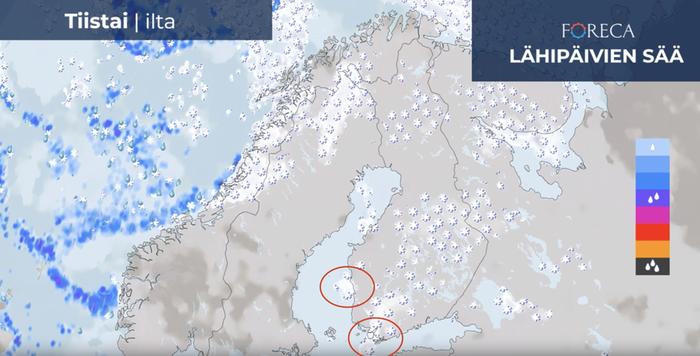 Tiistai-iltana sakeita lumikuuroja voi ajautua Satakunnan,  Varsinais-Suomen ja Uudenmaan rantakaistaleelle. Kauempana sisämaassa lumikuurot ovat maltillisempia.