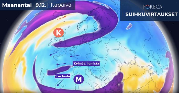 Italian länsipuolella sijaitsevan syvän matalapaineen keskuksen pohjoispuolella liikkuu viikonloppuna ja alkuviikolla hyvin kylmää ilmamassaa. Suuretkin lumikertymät ja tuulivahingot ovat mahdollisia voimakkaassa tuulessa.