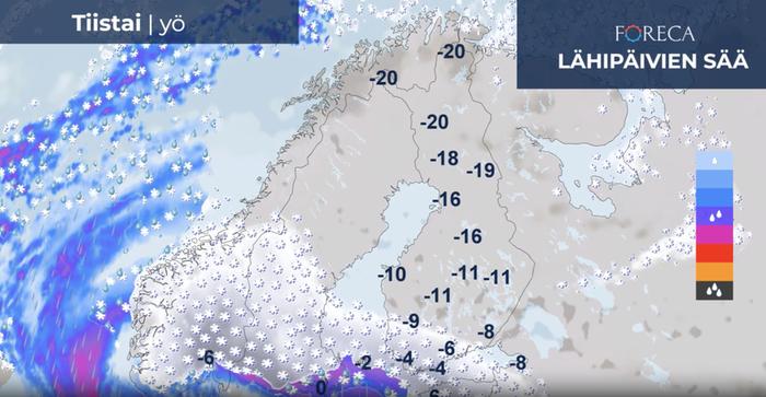 Pyry leviää maan eteläosaan tiistaiyön aikana. Pohjoisessa pakkanen kiristyy.