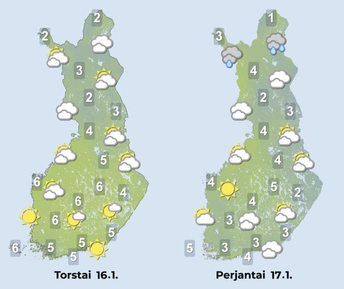 Sääennuste 16.–17.1.2025 Sääennuste iltapäiville 16.–17. tammikuuta.