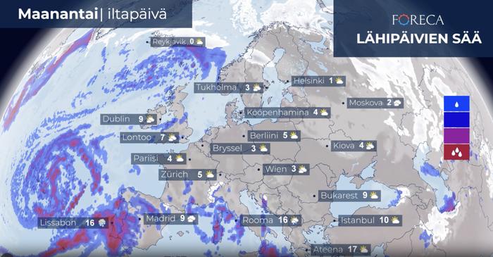 Azoreilla sijaitseva voimakas matalapaine pyörittää runsaita sateita Euroopan lounaiskolkkaan alkuviikolla. Seurauksena voi olla tulvia.