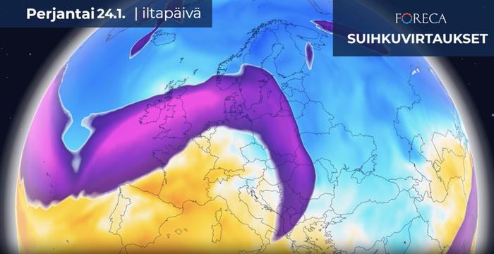 Voimakas suihkuvirtaus Pohjois-Atlantilla mahdollistaa kovien myrskyjen kehittymisen. Suihkuvirtaus jakaa lämpimän ja kylmän ilmamassan toisistaan ja pitää yläilmakehän tuulet hyvin voimakkaina.