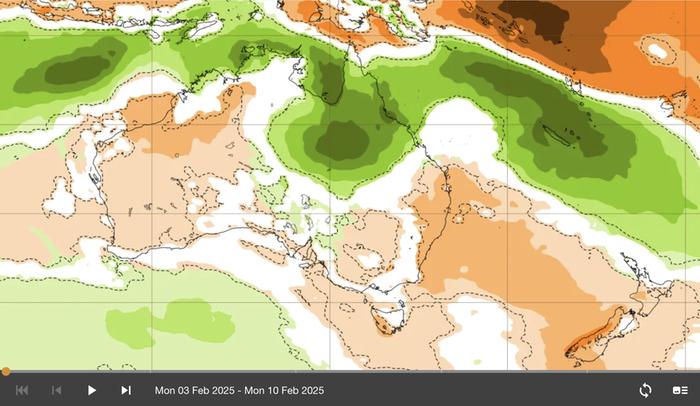 ECMWF, poikkeamat Australiassa Australian koillisosaan ja paikoin myös Tyynen valtameren saarille odotetaan poikkeuksellisia vesisateita. Vettä voi viikon aikana kertyä jopa yli 1000 mm.