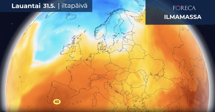 Espanjassa sisämaassa voidaan mitata lauantaina 40 asteen helteitä.