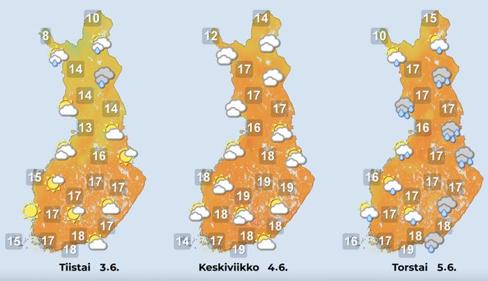 Tiistaina kuurosateita tulee eri puolilla maata, paikoin voi ukkostaa. Keskiviikko on viikon poutaisin päivä, torstaina sateet jälleen yleistyvät. Myös loppuviikko on epävakainen.