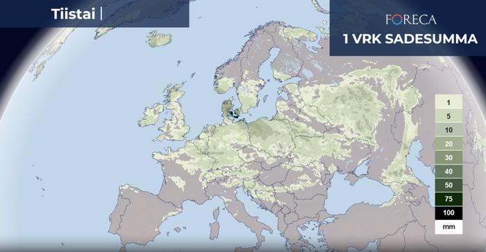 Rankkasateet piiskaavat Tanskaa tiistain ja keskiviikon ajan. Sadekertymä voi paikoin kasvaa yli 100 millimetriin vuorokaudessa.