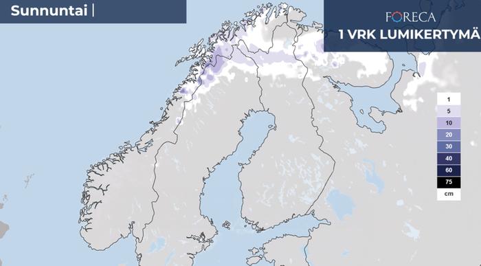 Lumikertymäennuste sunnuntaille 19.10.2025.