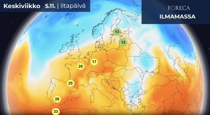 Korkeimmat lukemat 5.11. Intiaanikesä valtaa alaa Länsi-Euroopassa ensi viikon puolivälissä. Kartassa ennustettuja iltapäivän maksimilämpötiloja.