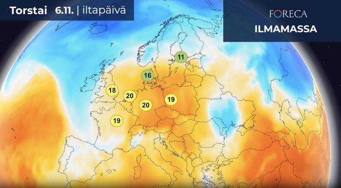 Torstai 6.11. ennuste Länsi- ja Keski-Euroopassa on ensi viikolla jopa kesäistä.