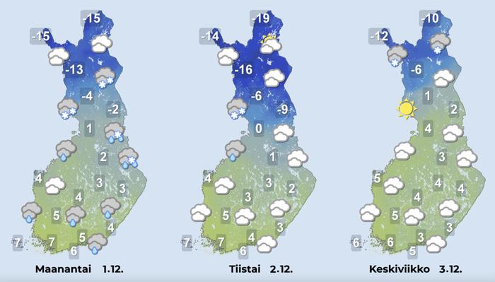 Etelän ja pohjoisen välillä on lähipäivinä suuria lämpötilaeroja. Lapissa lämpötila laskee alimmillaan –30 asteen kylmemmälle puolelle. Luntakin on tiedossa reilusti lisää.