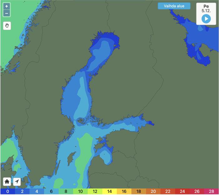 Pintavesi on Itämerellä laajalti 2–3 astetta tavanomaista lämpimämpää, paikoin Itämeren pohjoisosassa on vieläkin suurempi poikkeama.
