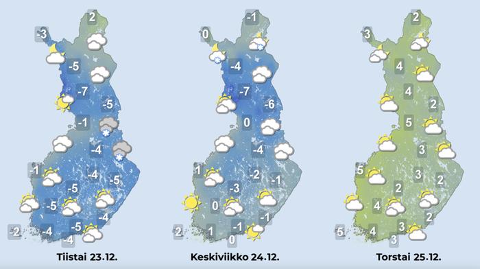 Aatonaattona ja jouluaattona suuressa osassa maata on pikkupakkasta. Joulupäivänä sää lauhtuu föhn-tuulen myötä voimakkaasti.