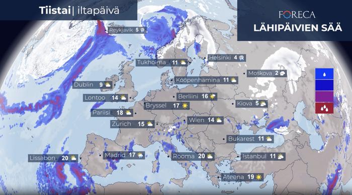 Ti 3.3.2026 Iberian niemimaan lounaispuolella on matalapaine, joka pyörittää lähipäivinä kaatosateita Espanjaan, Etelä-Ranskaan ja Marokkoon. Matalapaineen länsipuolella Kanariansaarilla puhaltaa voimakas ja puuskainen pohjoistuuli.