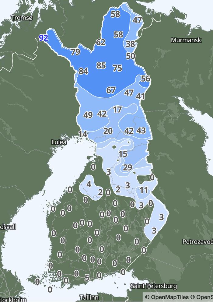 Lumitilanne 27.3.2026 Maan etelä- ja keskiosassa on jo laajalti täysin lumetonta.