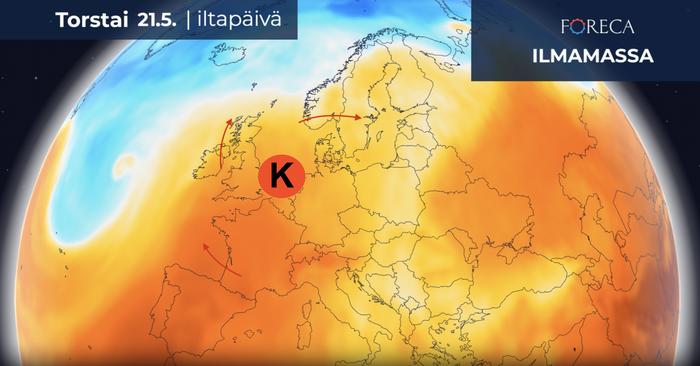 ECMWF:n ennuste sulkukorkeapaineen sijainnista torstaina 21.5. 